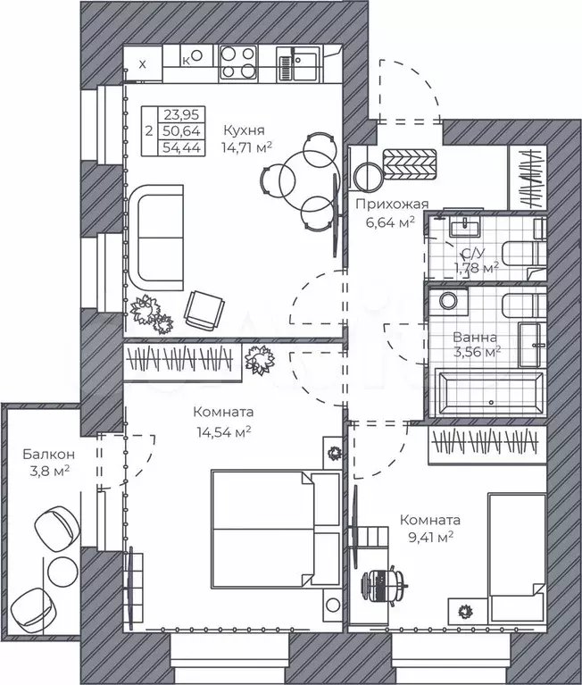 2-к. квартира, 53 м, 4/9 эт. - Фото 1
