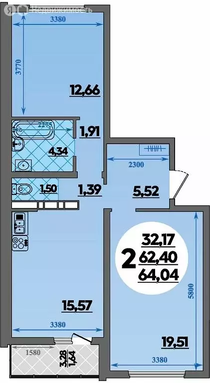 2-комнатная квартира: Республика Адыгея (Адыгея), Майкоп (64.04 м) - Фото 1
