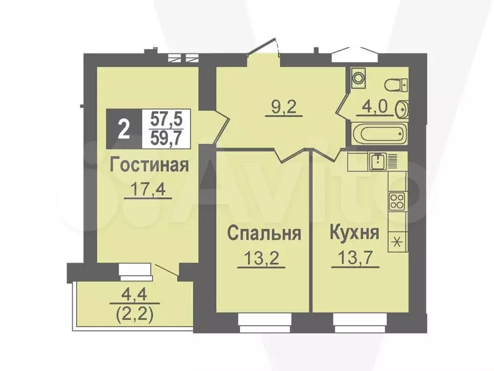 2-к. квартира, 59,7 м, 7/14 эт. - Фото 0