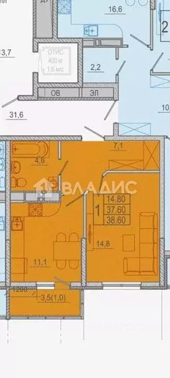 Квартира, 1 комната, 38.6 м - Фото 1