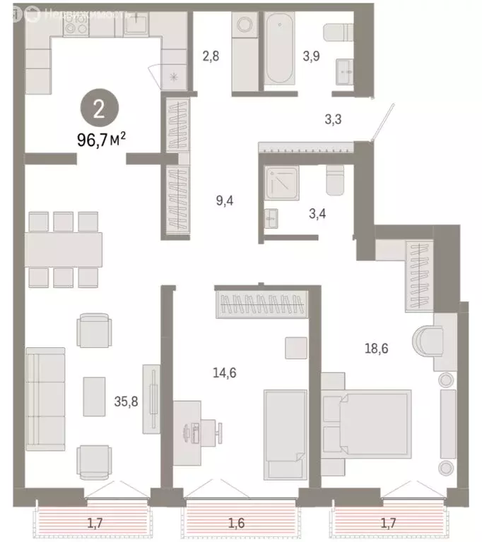 2-комнатная квартира: Новосибирск, Большевистская улица, 66 (96.74 м) - Фото 2
