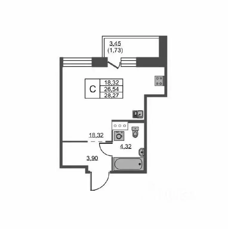 Студия Санкт-Петербург просп. Энгельса, 29 (26.5 м) - Фото 1