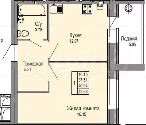 1-к. квартира, 42,5 м, 5/9 эт. - Фото 0