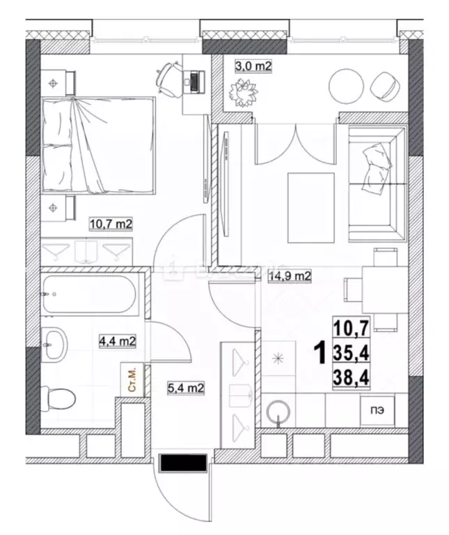 1-к кв. Нижегородская область, Нижний Новгород ул. Бетанкура, 7 (38.4 ... - Фото 2