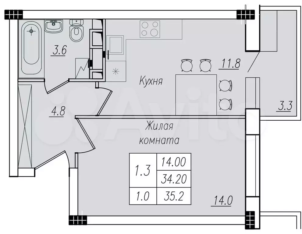 1-к. квартира, 35,2 м, 2/10 эт. - Фото 1