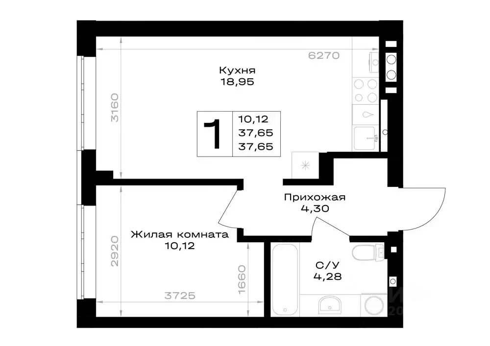 1-к кв. Калининградская область, Гурьевск Включи жилой комплекс (37.65 ... - Фото 1