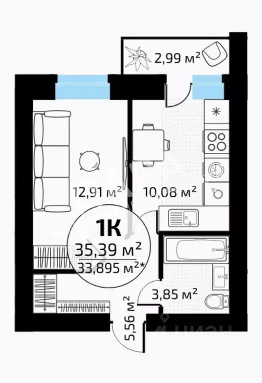 1-к кв. Самарская область, Самара пос. Мехзавод, 1-й кв-л, 80 (35.39 ... - Фото 2