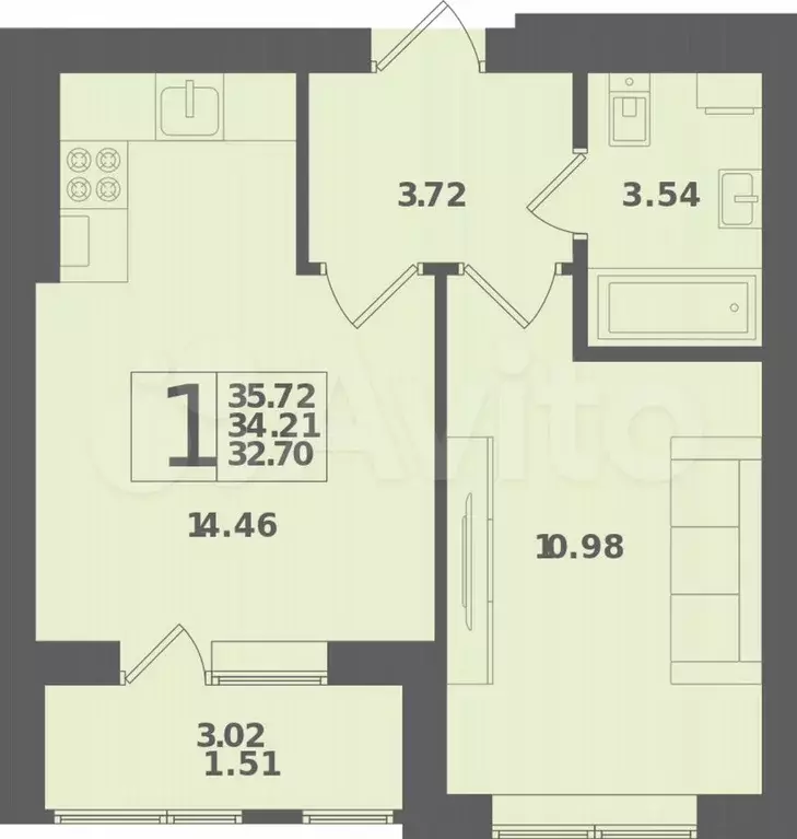 1-к. квартира, 35,7 м, 4/4 эт. - Фото 1