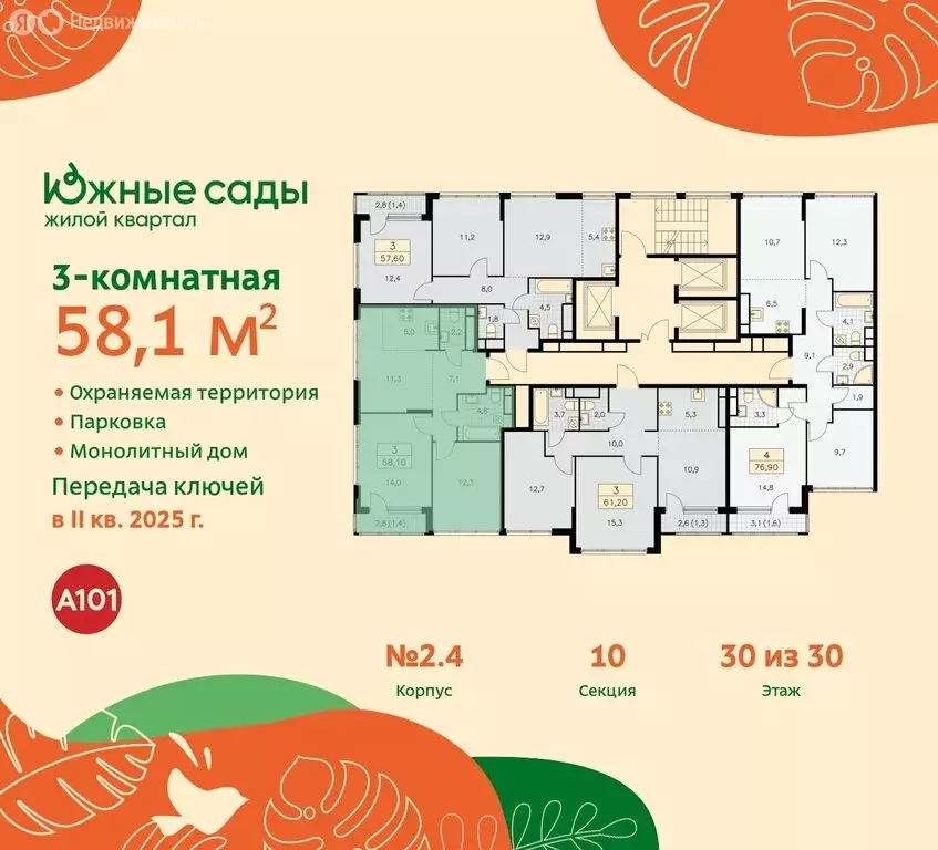 3-комнатная квартира: Москва, жилой комплекс Южные Сады (58.1 м) - Фото 1