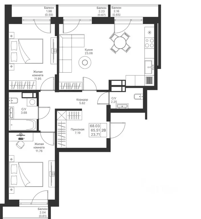 2-к кв. Татарстан, Казань Мой Ритм жилой комплекс (68.03 м) - Фото 1