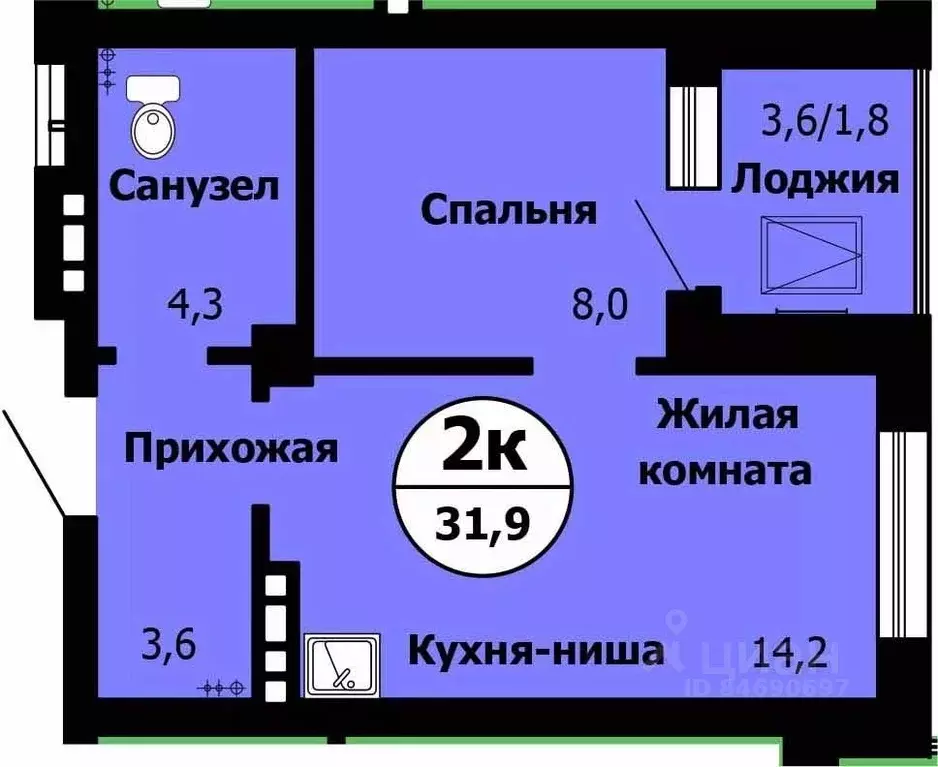 2-к кв. Красноярский край, Красноярск Лесопарковая ул., 43 (32.3 м) - Фото 0