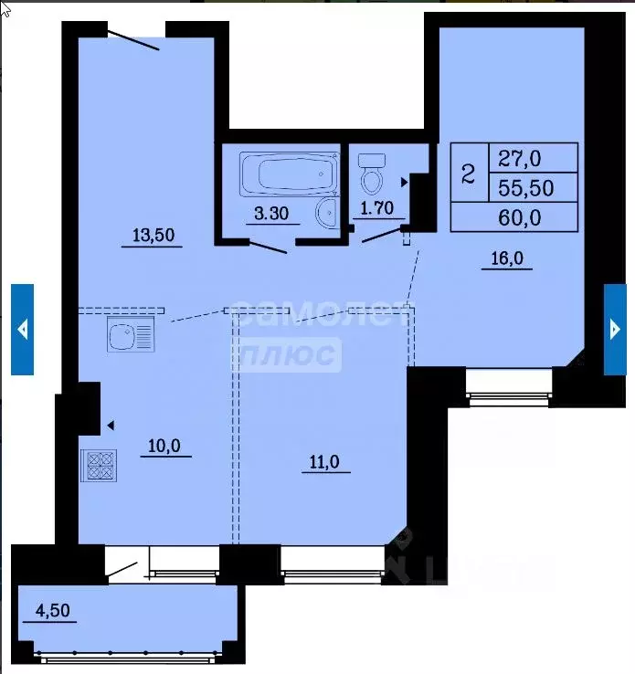2-к кв. Омская область, Омск ул. Малиновского, 16к2 (60.0 м) - Фото 2