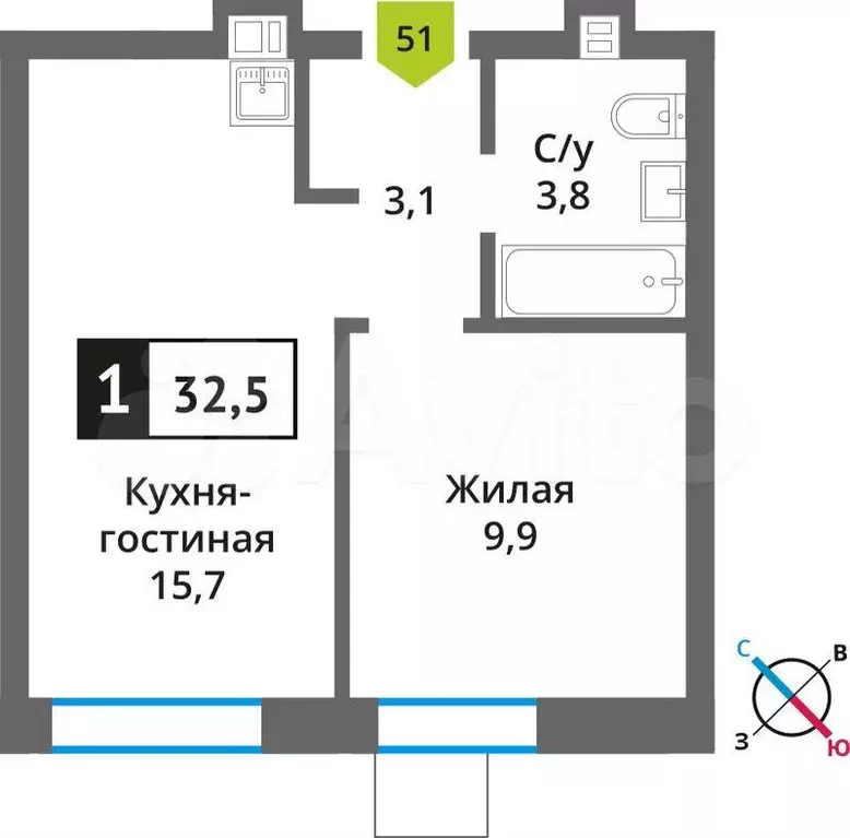 1-к. квартира, 32,5 м, 9/9 эт. - Фото 0
