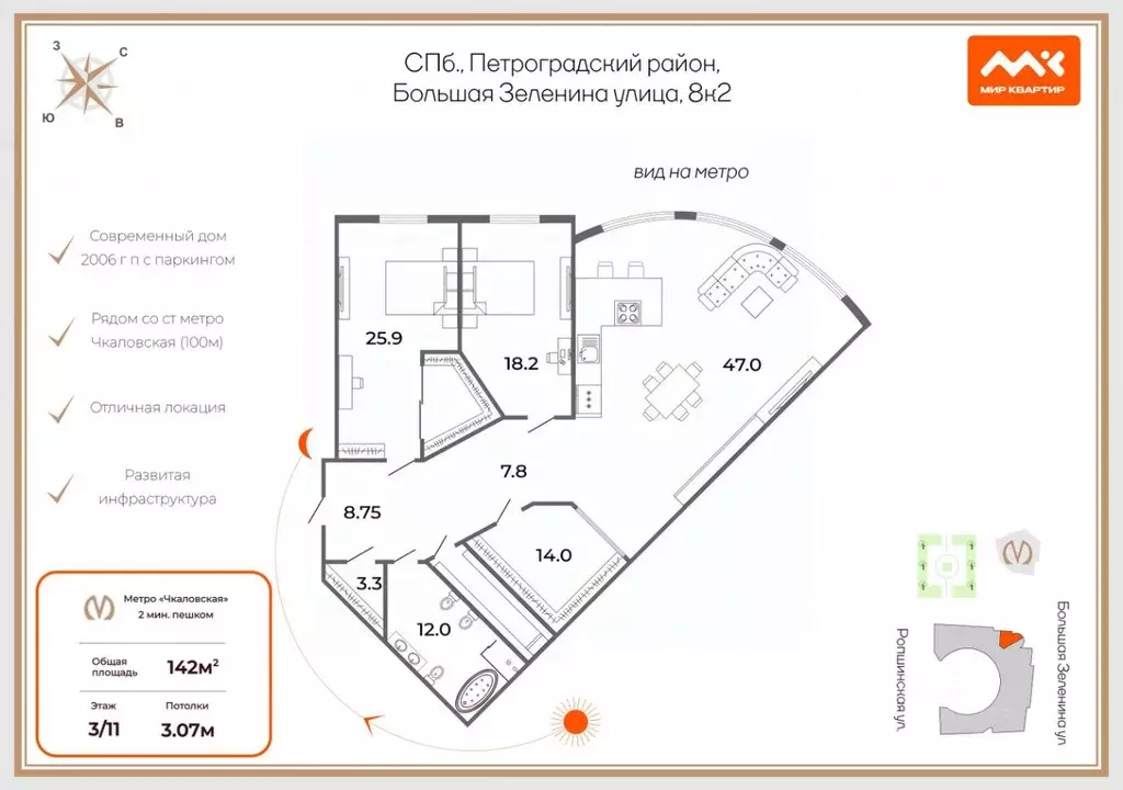 3-к кв. Санкт-Петербург ул. Большая Зеленина, 8к2 (142.0 м) - Фото 2