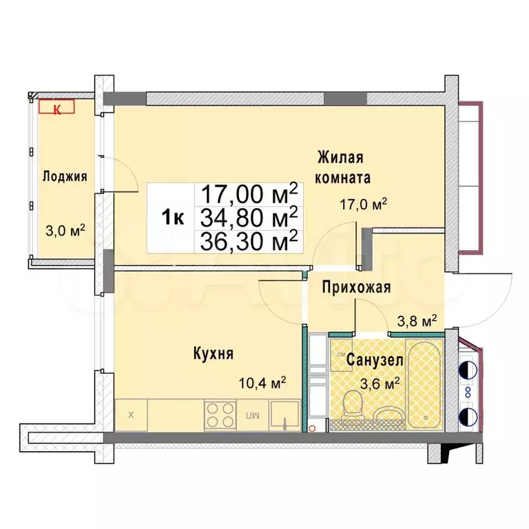 1-к. квартира, 34,8 м, 9/12 эт. - Фото 0