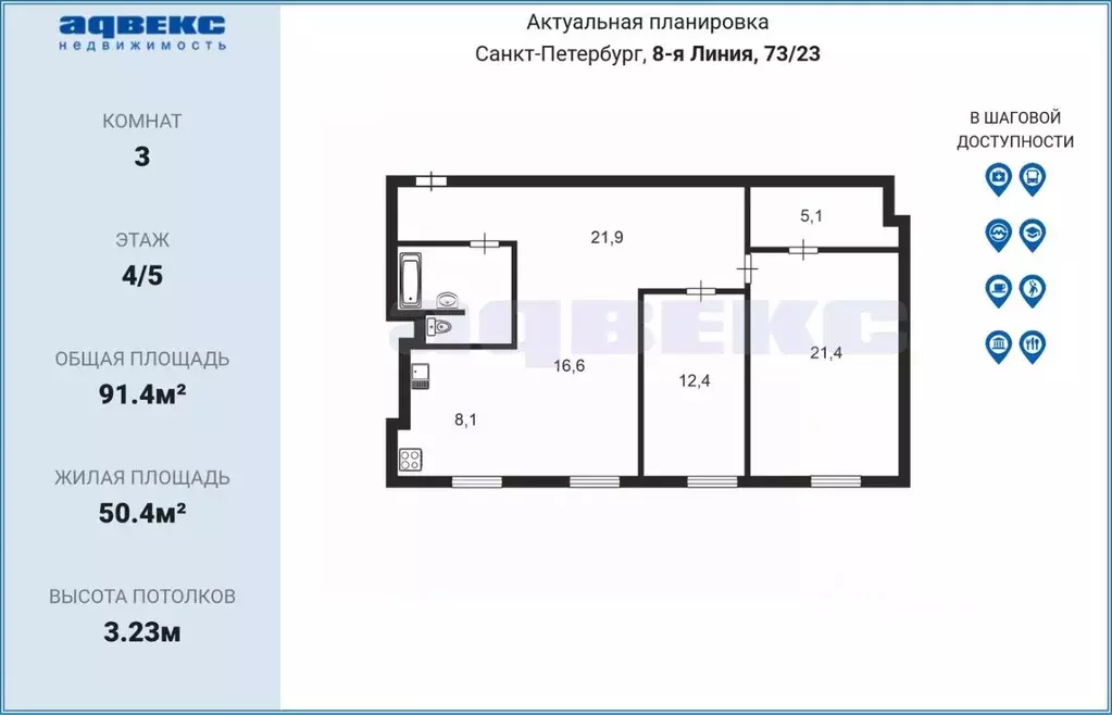 3-к кв. Санкт-Петербург 8-я Васильевского острова линия, 73/23 (91.4 ... - Фото 1