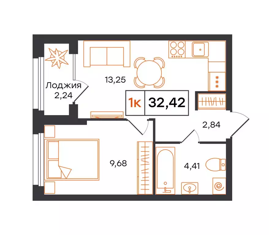 1-комнатная квартира: Тюмень, Полевая улица, 117к13 (32.42 м) - Фото 1