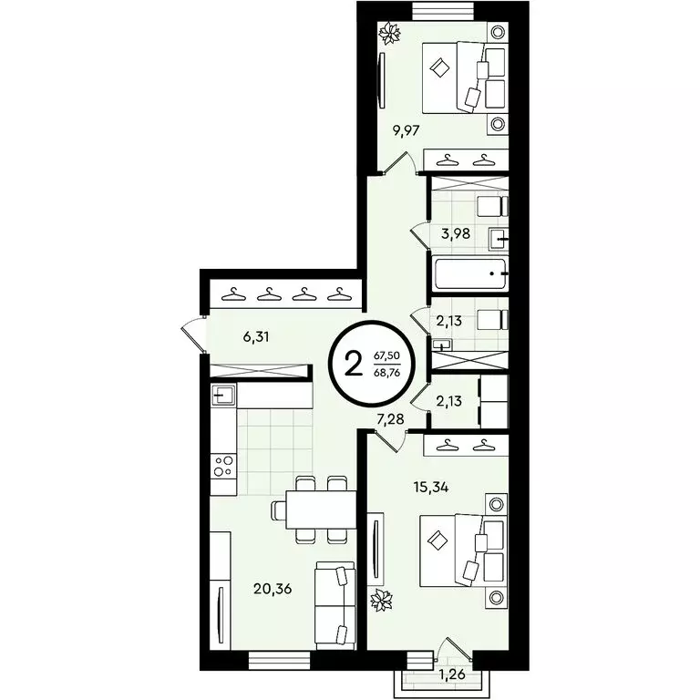 2-комнатная квартира: Тюмень, улица Александра Звягина, 3 (68.76 м) - Фото 0