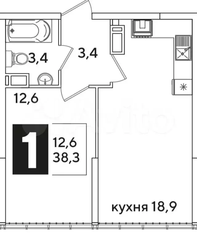 1-к. квартира, 39 м, 3/16 эт. - Фото 0