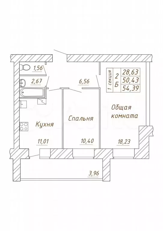 2-к. квартира, 54,4 м, 4/13 эт. - Фото 0