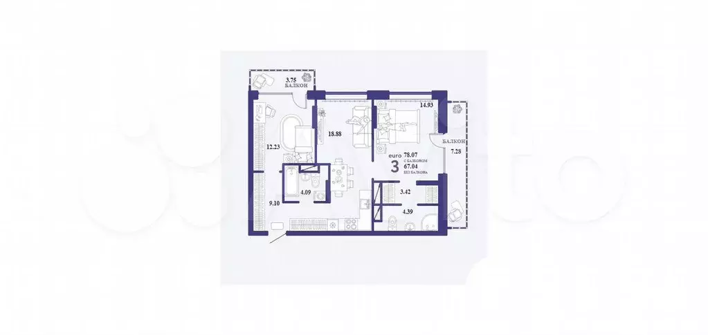 2-к. квартира, 78,1 м, 6/13 эт. - Фото 1