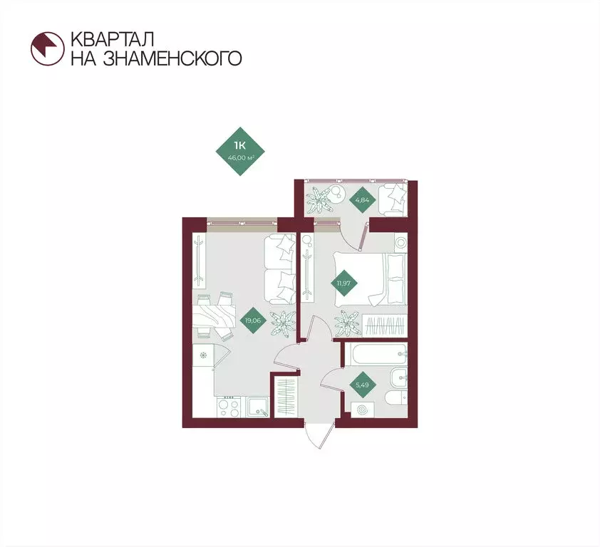 1-комнатная квартира: Тобольск, микрорайон 3Б, 6Бк2 (46 м) - Фото 0