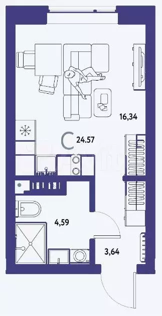 Квартира-студия, 24,6 м, 5/16 эт. - Фото 1