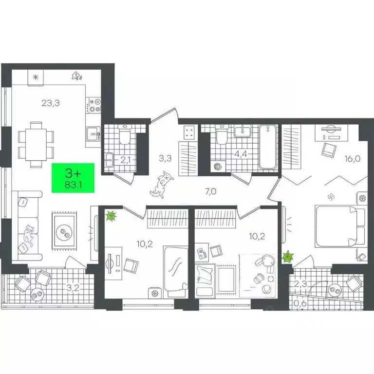 3-к кв. Тюменская область, Тюмень ул. Николая Глебова, 10 (83.1 м) - Фото 2