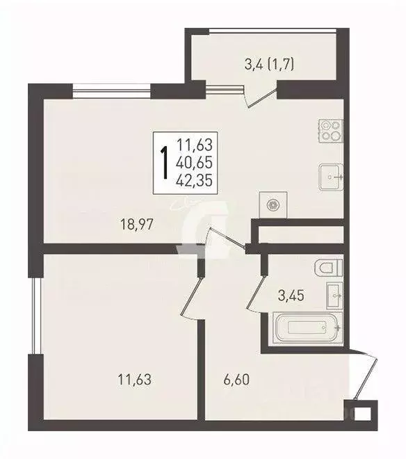 Квартира, 1 комната, 42.4 м - Фото 1
