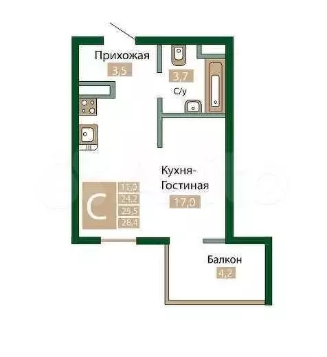 Квартира-студия, 25,5 м, 6/12 эт. - Фото 0