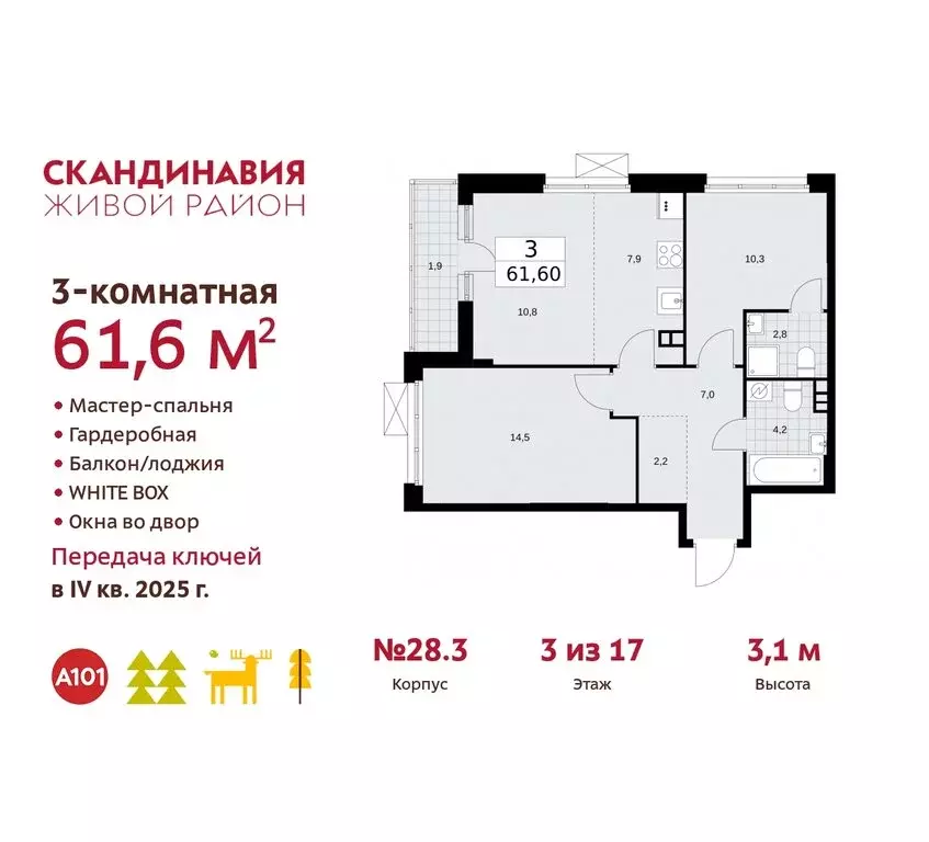 3-комнатная квартира: поселение Сосенское, квартал № 167 (61.6 м) - Фото 0