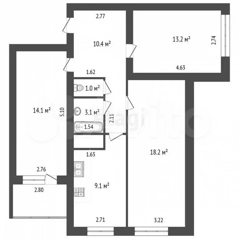 3-к. квартира, 68,1 м, 7/9 эт. - Фото 0