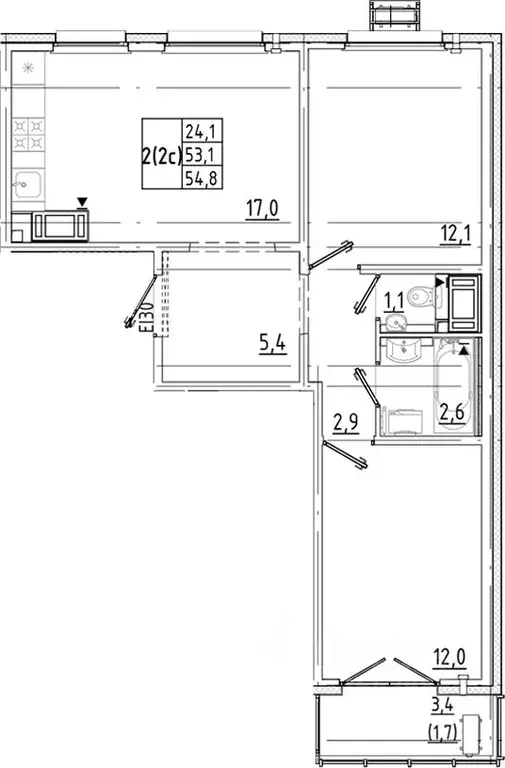2-к кв. Санкт-Петербург дор. Муринская, 12к2 (54.8 м) - Фото 1