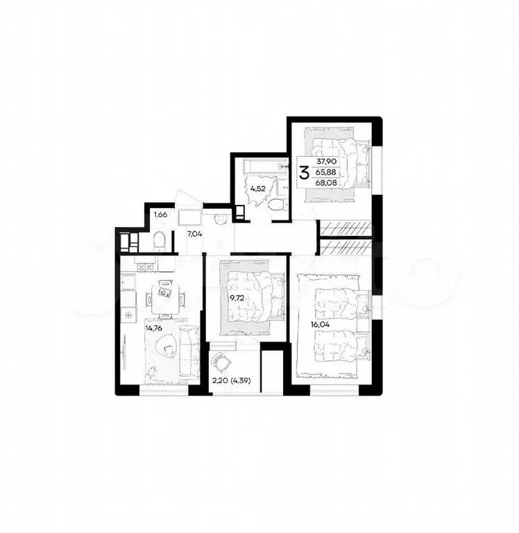 3-к. квартира, 68,1 м, 7/9 эт. - Фото 1