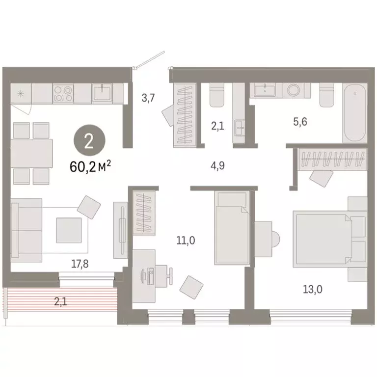 2-комнатная квартира: Тюмень, улица Республики, 205к1 (60.2 м) - Фото 2