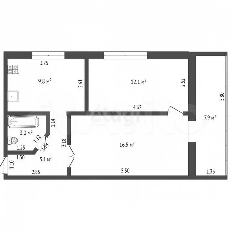 2-к. квартира, 54,4 м, 2/2 эт. - Фото 0