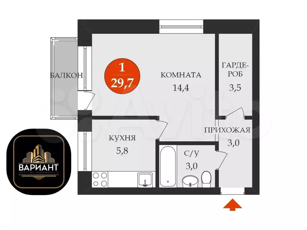 1-к. квартира, 29,7 м, 2/4 эт. - Фото 0