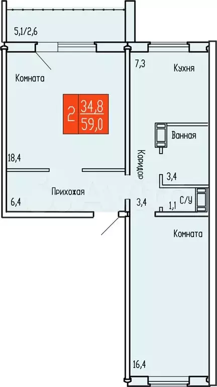 2-к. квартира, 59 м, 4/10 эт. - Фото 0