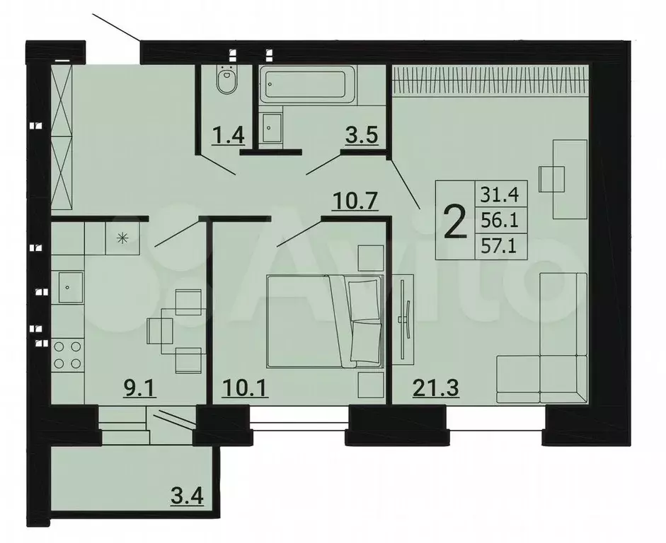 2-к. квартира, 57,1 м, 3/8 эт. - Фото 0