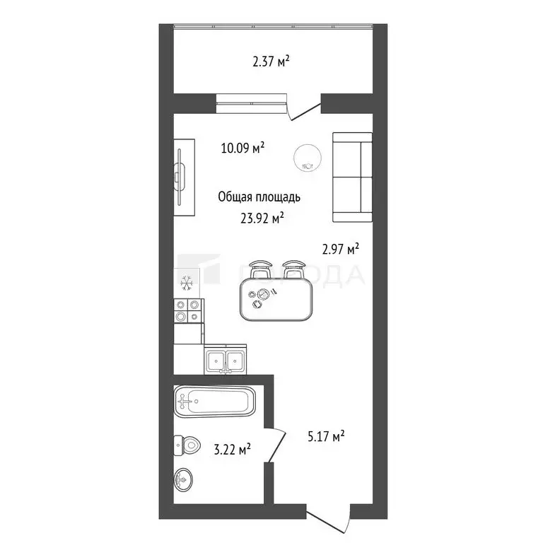 Квартира-студия: Новосибирск, улица Ясный Берег, 43 (23.92 м) - Фото 1