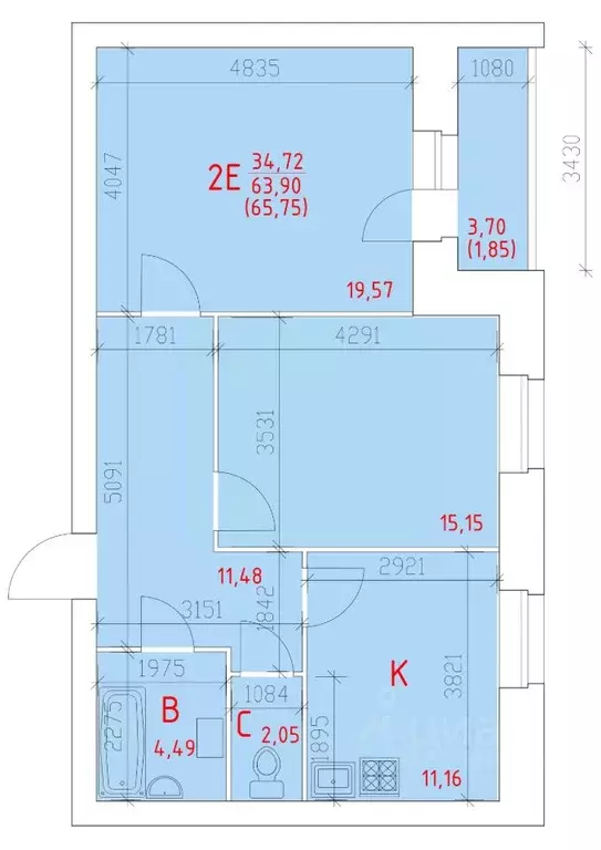 2-к кв. Вологодская область, Череповец 109-й мкр,  (65.75 м) - Фото 1