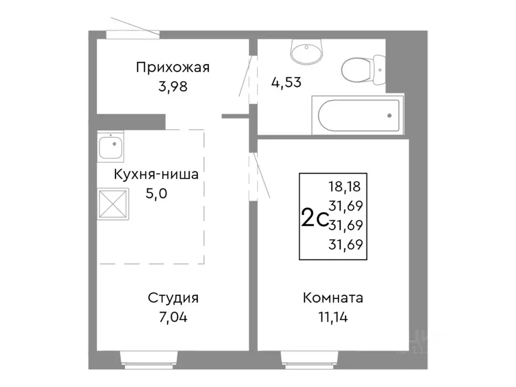 2-к кв. Челябинская область, Челябинск Ярославская ул. (31.69 м) - Фото 1