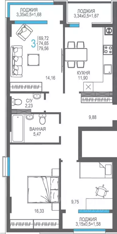 3-к кв. Крым, Алушта На Фонтанке жилой комплекс (74.65 м) - Фото 1