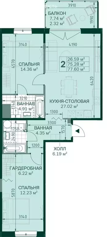 2-комнатная квартира: Санкт-Петербург, Магнитогорская улица, 5к3 (75.3 ... - Фото 0