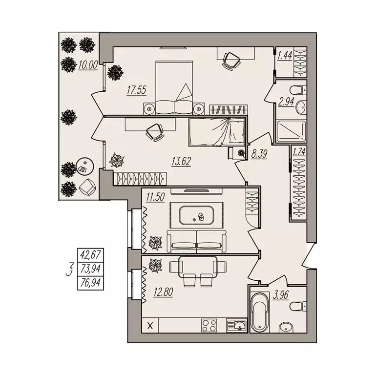 3-комнатная квартира: Волгоград, улица Землячки, 84/3 (76.94 м) - Фото 0