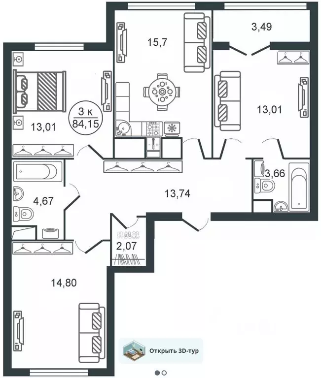 3-к кв. Тверская область, Тверь ул. Левитана, 76 (84.15 м) - Фото 2