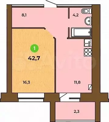 1-к. квартира, 42.7 м, 2/9 эт. - Фото 1
