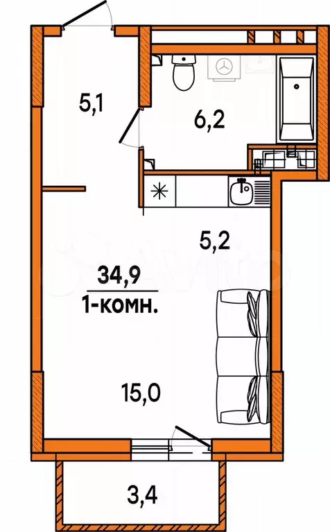 1-к. квартира, 32,5 м, 6/16 эт. - Фото 0