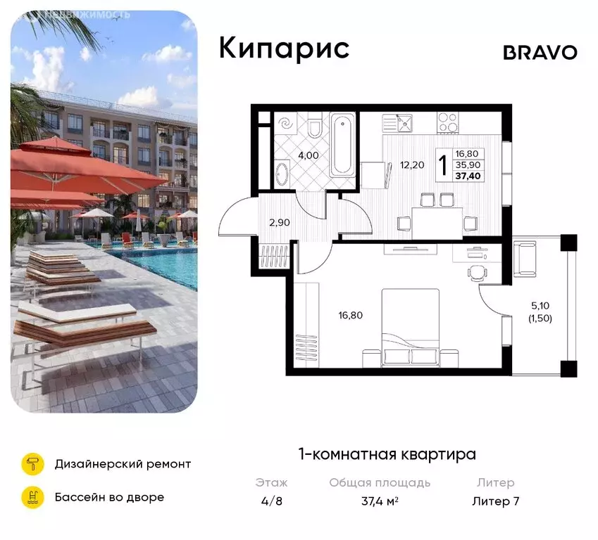 1-комнатная квартира: Сукко, жилой комплекс Кипарис (37.4 м) - Фото 1