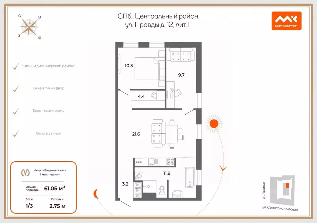 2-к кв. Санкт-Петербург ул. Правды, 12/12Г (61.05 м) - Фото 2
